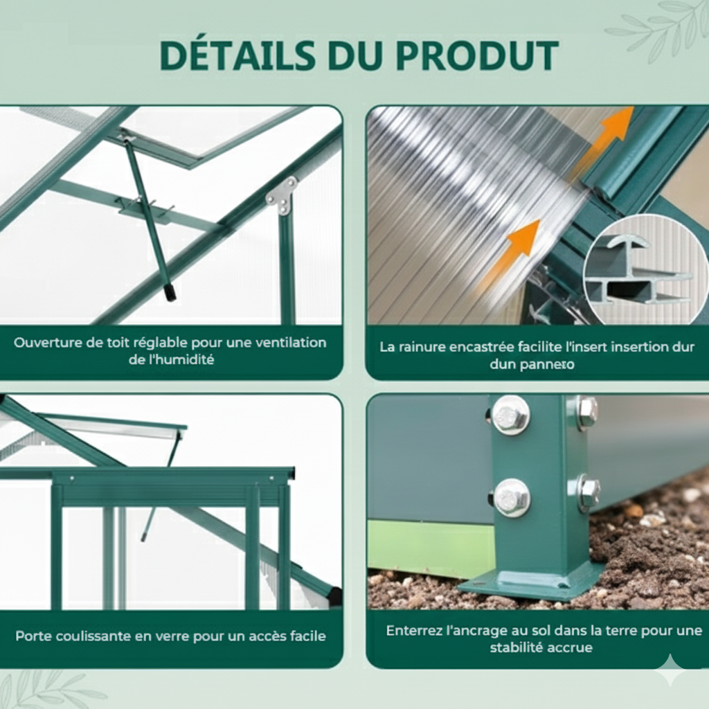 Serre de jardin 4,8m² en Aluminium et Polycarbonate